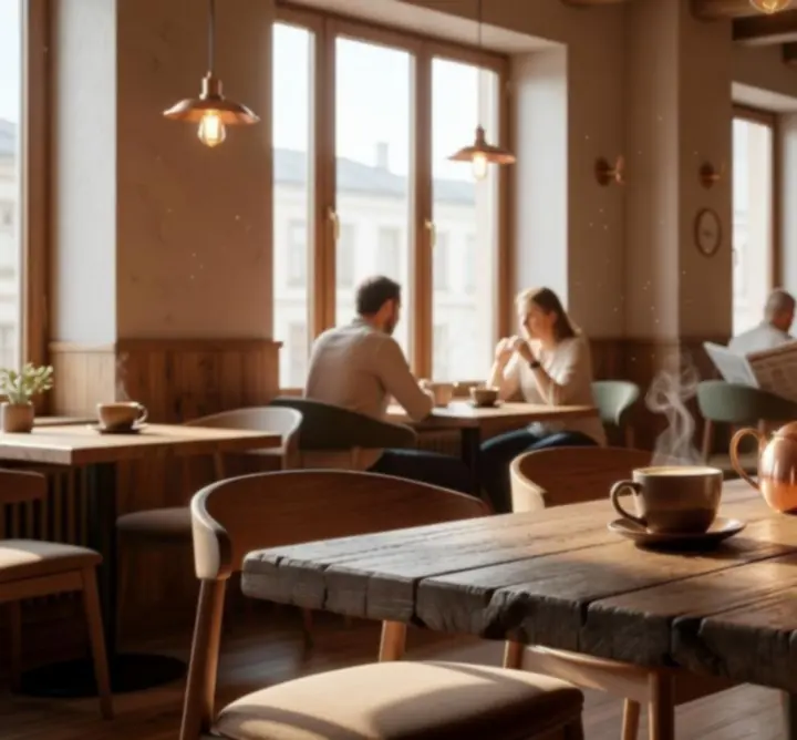 Hangulatos magyar kávézó belső tere, ahol vendégek kávét és teát fogyasztanak