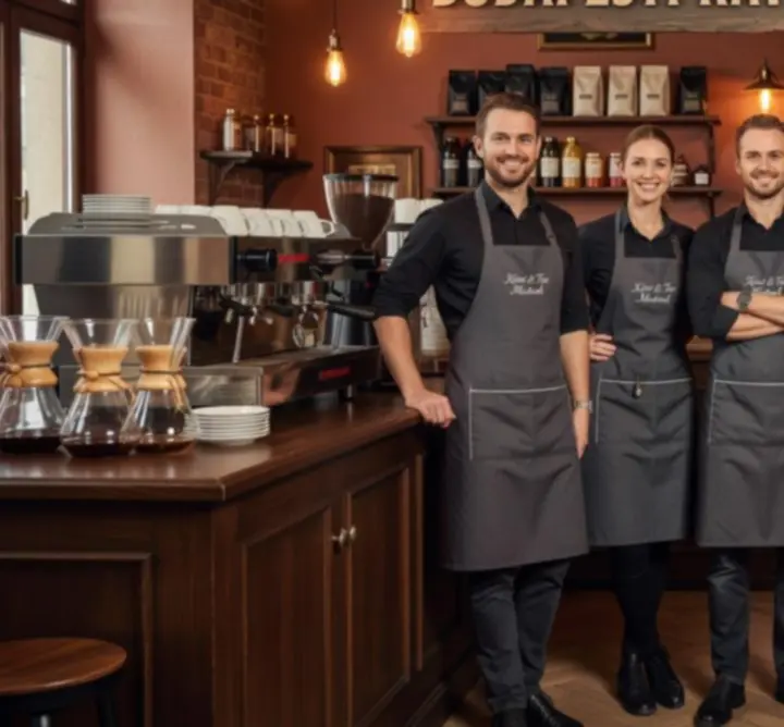 Mosolygó baristák és teás szakértők csapata a pult mögött