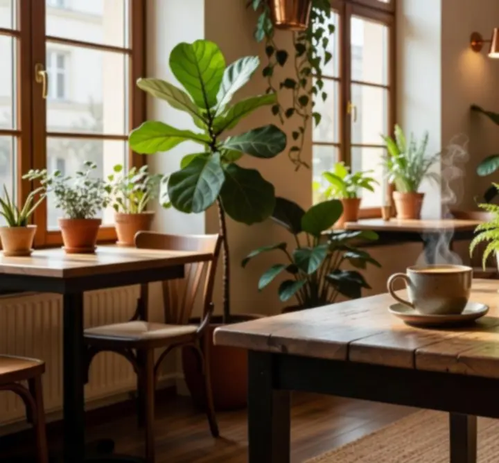 Hangulatos kávézó meleg fényekkel, gőzölgő kávéval és teával a KaveHorizon világából.