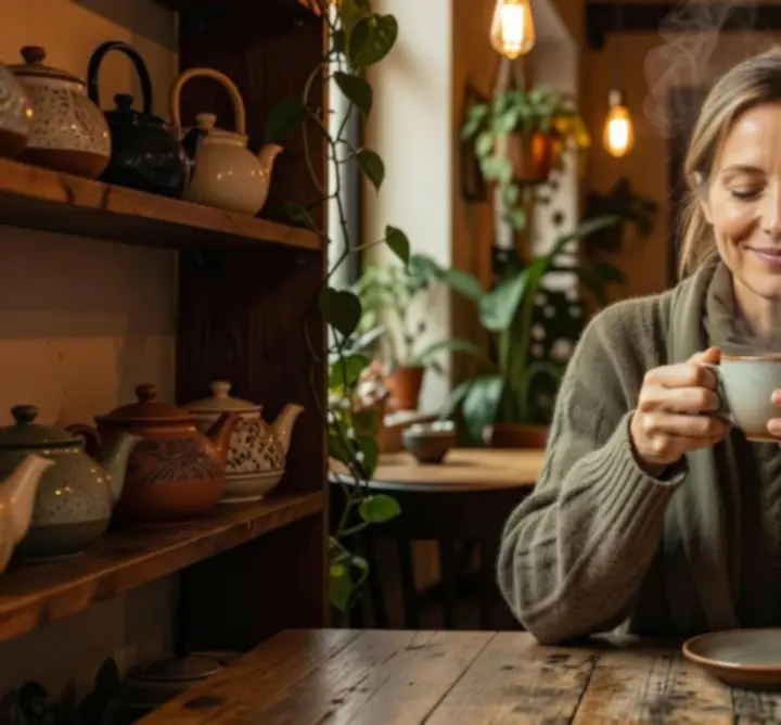 Mosolygó vásárló egy kávézóban, kezében KaveHorizon kávéval, meleg, barátságos környezetben.