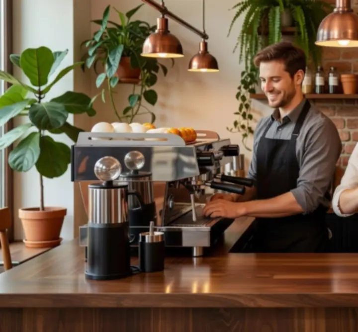 Barista és teaszakértő csapat hangulatos kávézói környezetben a KaveHorizon-nál.